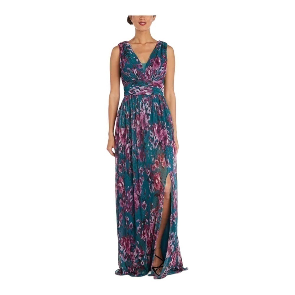 NIGHTWAY Floral-Print Pleated Gown NWT